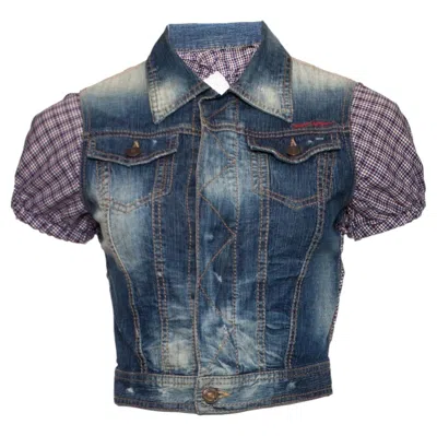 Pre-owned Dsquared2 , Cropped Denim Jacket With Checkered Sleeves In Gray