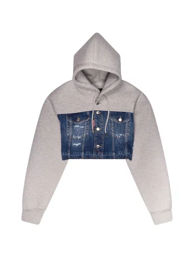 Dsquared2 Cropped Denim-mix Hoodie In Multi