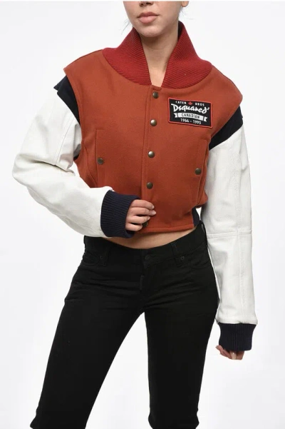 DSQUARED2 CROPPED FIT VARSITY BOMBER JACKET WITH LEATHER SLEEVES