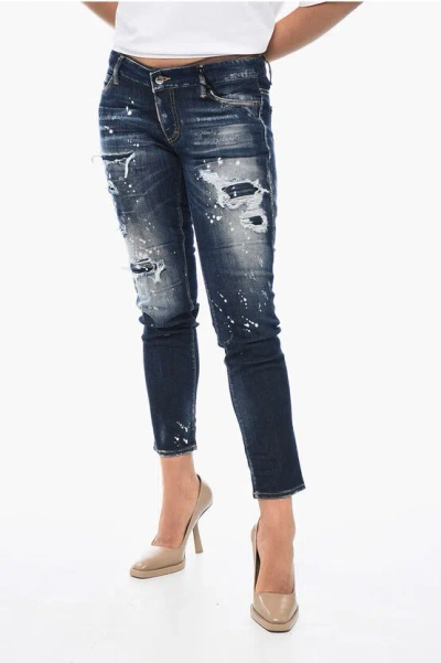 Dsquared2 Cropped Jennifer Fit Denims With Distressed Details 14cm In Blue