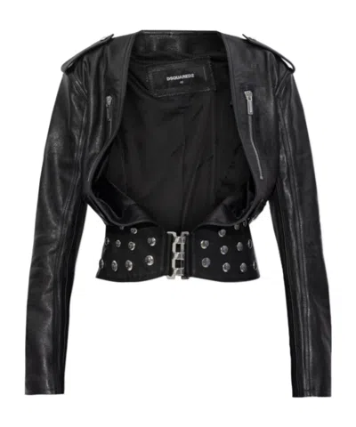 Dsquared2 Cropped Leather Jacket In Black