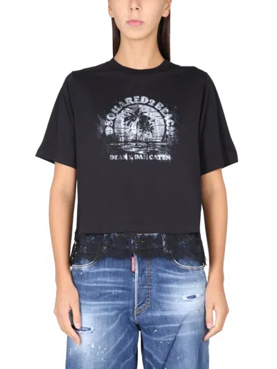 Dsquared2 Cropped T-shirt With Bold Logo Print And Lace Trim In Black