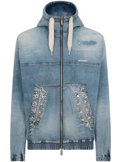 Dsquared2 Crystal-embellished Hooded Denim Bomber Jacket In Blue