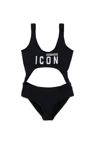 Dsquared2 Kids' Cut-out One-piece Swimsuit Branded Icon In Black