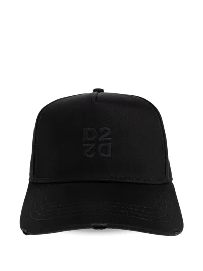 Dsquared2 D2 Embroidered Distressed Baseball Cap In Black