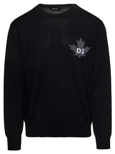 DSQUARED2 D2 LEAF BLACK SWEATER WITH JACQUARD LOGO AT THE FRONT IN WOOL MAN