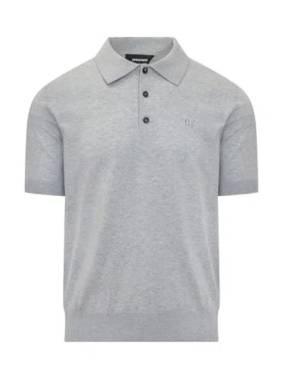 Dsquared2 D2 Logo Embroidered Fine Knit Polo Shirt In Grey