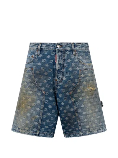 Dsquared2 D2 Monogram Dirty Wash Carpenter Shorts In Blue