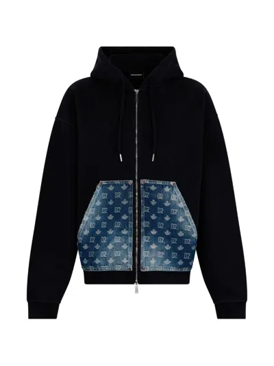 Dsquared2 D2 Monogram Relax Fit Zipped Hoodie In Black