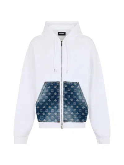 Dsquared2 D2 Monogram Relax Fit Zipped Hoodie In White