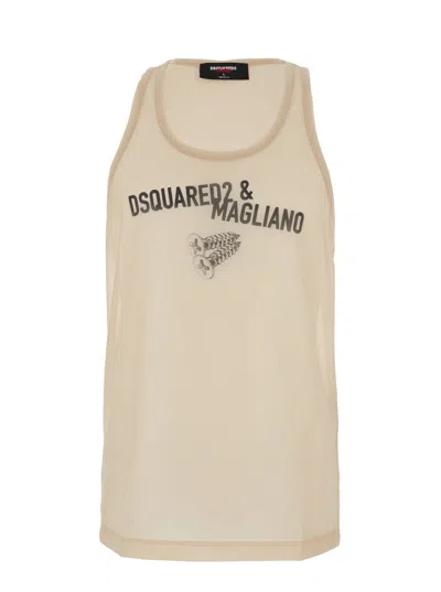 DSQUARED2 D2 X MAGLIANO BEIGE SLEEVELESS TOP WITH LOGO LETTERING ON THE FRONT IN COTTON MAN
