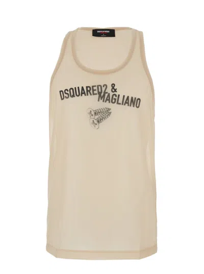 Dsquared2 D2 X Magliano Beige Sleeveless Top With Logo Lettering On The Front In Cotton Man In Neutral