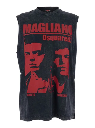 DSQUARED2 'D2 X MAGLIANO' BLACK CREW NECK TOP WITH LOGO LETTERING AND FRONT PRINT IN COTTON MAN