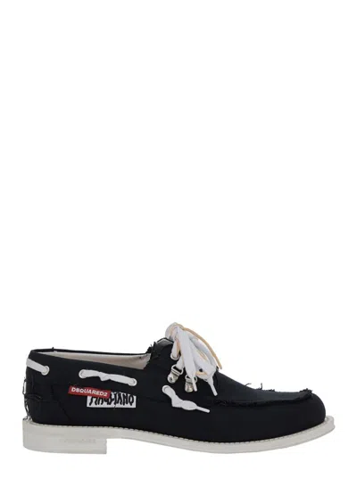DSQUARED2 'D2 X MAGLIANO' BLACK LOAFERS WITH LOGO PATCH ON THE SIDE AND FRONT LACES IN COTTON MAN