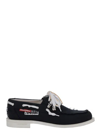 Dsquared2 D2 X Magliano Black Loafers With Logo Patch On The Side And Front Laces In Cotton Man