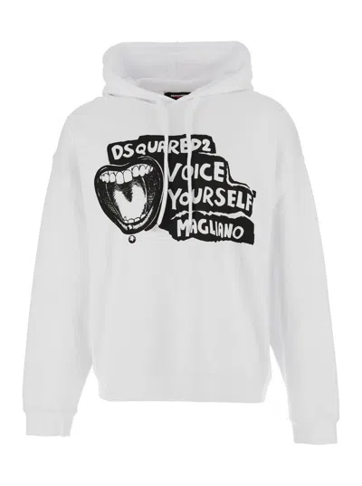 Dsquared2 D2 X Magliano Maxi Print Cotton Hoodie With Drawstring Hood And Relaxed Fit In White