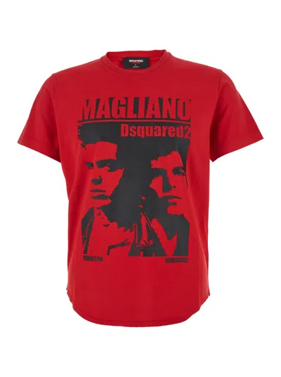DSQUARED2 D2 X MAGLIANO RED CREWNECK T-SHIRT WITH MAXI PRINT ON THE FRONT IN COTTON MAN