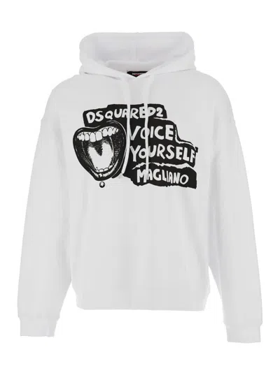 DSQUARED2 'D2 X MAGLIANO' WHITE HOODIE WITH DRAWSTRING HOOD WITH MAXI PRINT ON THE FRONT IN COTTON MAN