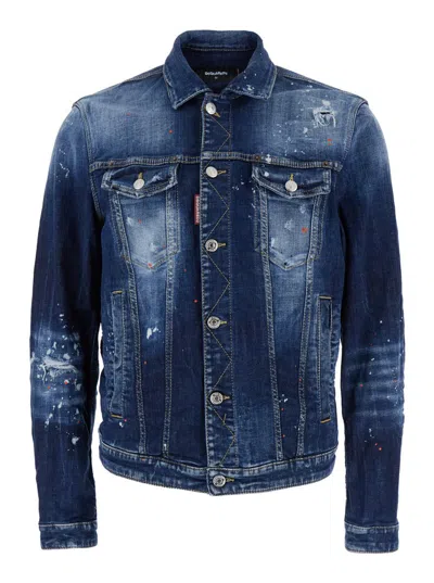 DSQUARED2 'DAN' BLUE JACKET WITH CLASSIC COLLAR AND ALL-OVER PAINTED DETAILS IN DENIM MAN
