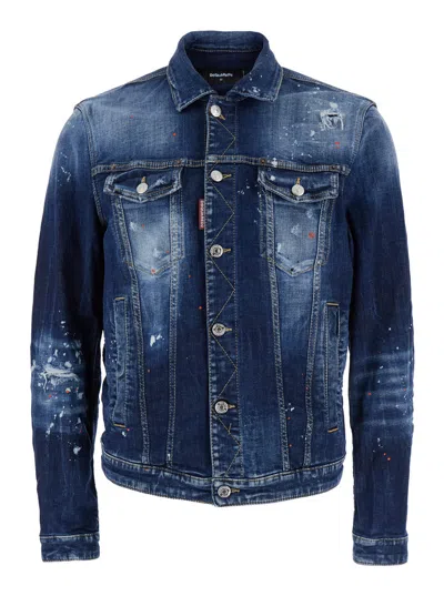 DSQUARED2 DSQUARED2 MEN 'DAN' BLUE JACKET WITH CLASSIC COLLAR AND ALL-OVER PAINTED DETAILS IN DENIM MAN