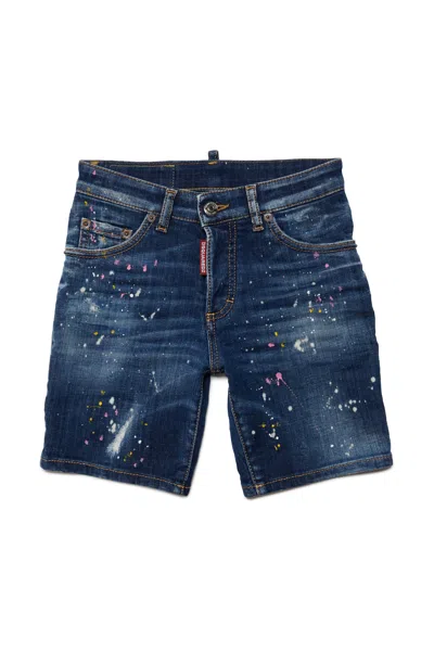 Dsquared2 Kids' Commando Paint-splatter Denim Shorts In Blue