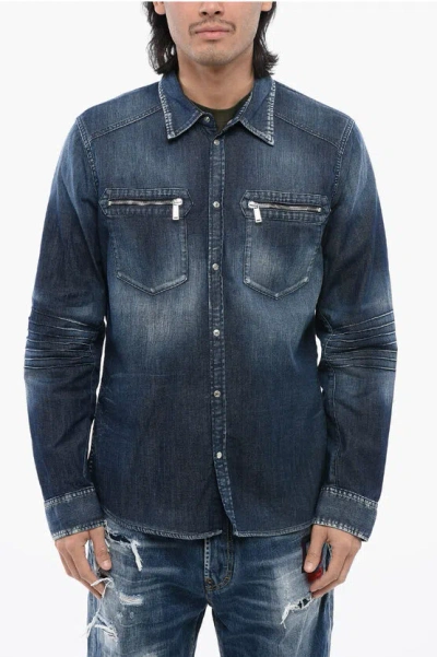 Dsquared2 Dark Washed Denim Shirt With Biker Details In Blue