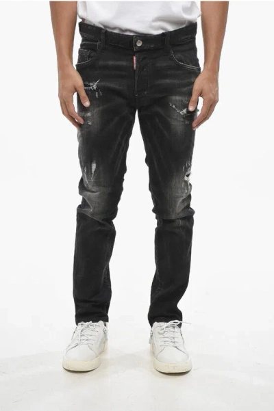 Dsquared2 Dark Washed Vintage Effect Skater Jeans With Silver Tone Mon In Blue