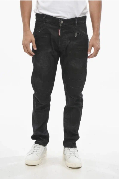 Dsquared2 Dark Washed Waxed Denim Tidy Biker Jeans 16cm In Black