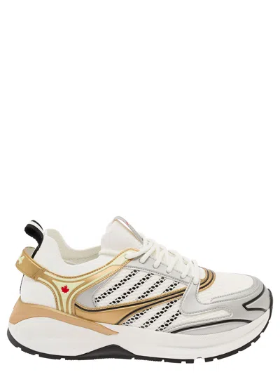 DSQUARED2 DASH WHITE AND GOLD LOW TOP SNEAKERS WITH 1964 LOGO IN TECHNO FABRIC MAN