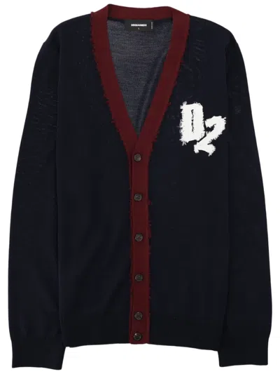 Dsquared2 Deep V-neck Oversized Wool Cardigan With Contrasting Button Detail In Black