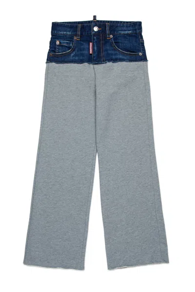 Dsquared2 Kids' Denim And Fleece Pants With Patches In Grey