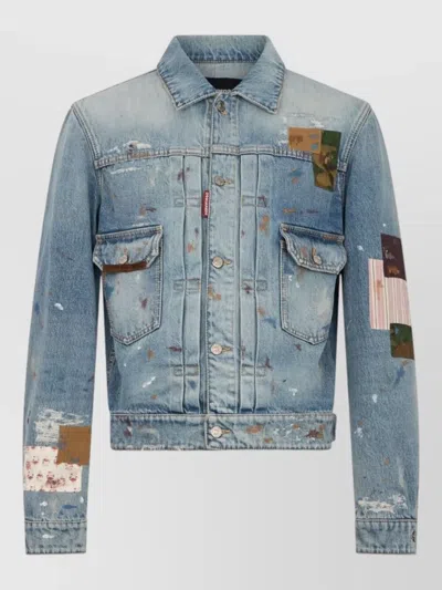 Dsquared2 Denim Blazer Button Cuffs Patchwork Paint Splatter In Blue