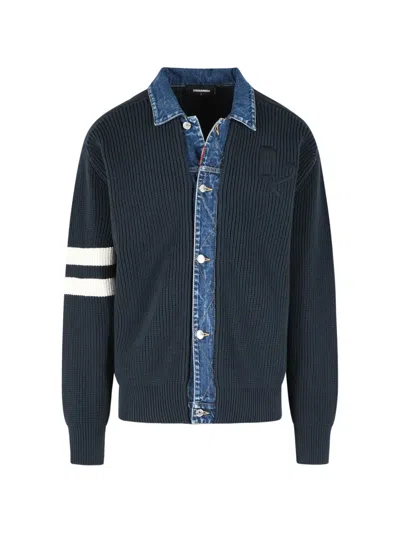 Dsquared2 Denim-collar Ribbed Cardigan In Black
