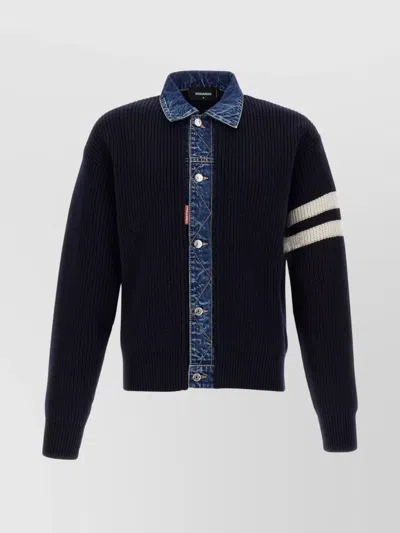 DSQUARED2 'DENIM COLLAR' RIBBED CARDIGAN WITH STRIPED SLEEVES