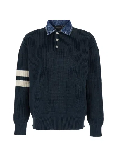 Dsquared2 Men Black Sweater With Classic Denim Collar And Logo Embroidery On The Front In Cotton Ble In Blue