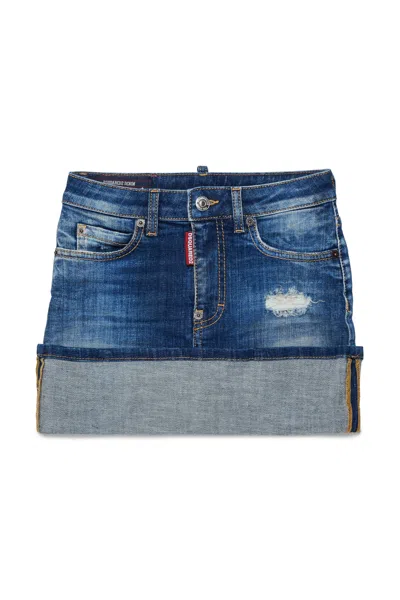 Dsquared2 Kids' Denim Mini Skirt With Turn-up Hem In Blue