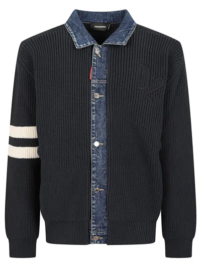Dsquared2 Denim Mix Cardigan With Structured Knit And Sporty Detailing In Black