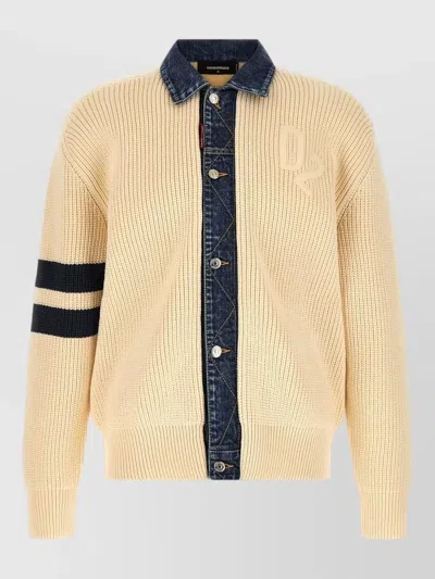 Dsquared2 Denim Mix D2 Cardigan Ribbed Contrast Collar In Yellow