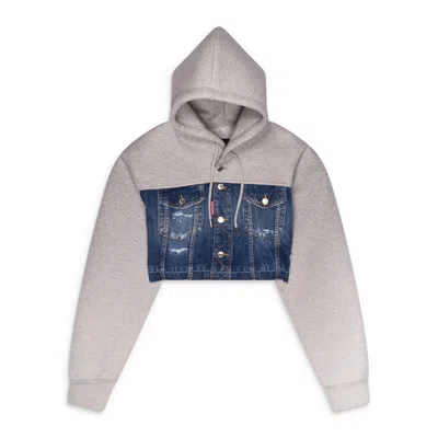 Dsquared2 Denim Mix Hybrid Cropped Hoodie Multicolor In Gray