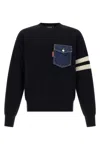 Dsquared2 Crew Neck Denim Pocket Sweater With Striped Sleeves In Blue