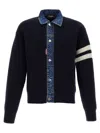 Dsquared2 Blue Cardigan With Denim Panels And Striped Details On The Sleeve In Wool And Cashmere Man