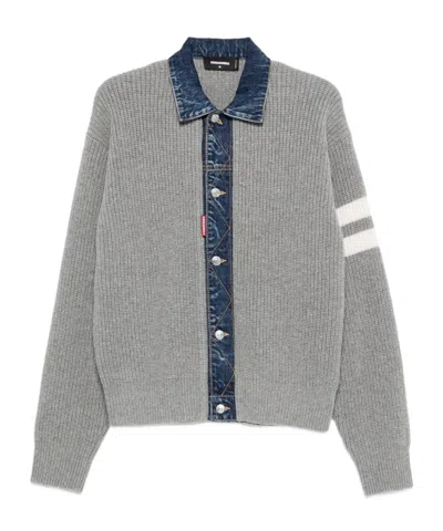 DSQUARED2 DENIM-PANEL RIBBED CARDIGAN