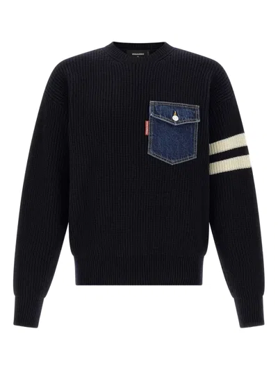 DSQUARED2 DENIM-POCKET RIBBED SWEATER