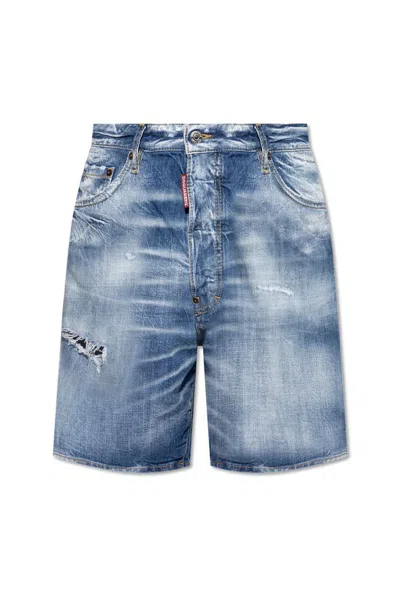 Dsquared2 Logo-tag Distressed Denim Shorts In Blue