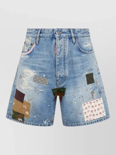 Dsquared2 Patchwork Paint-splatter Denim Shorts In Blue