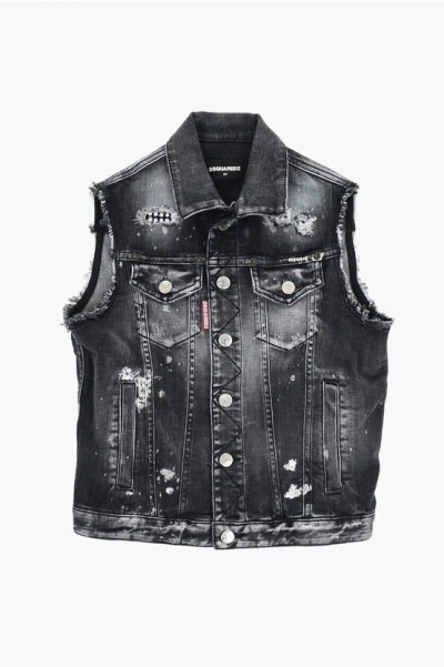 Dsquared2 Denim Sleeveless Jacket With Rhinestones