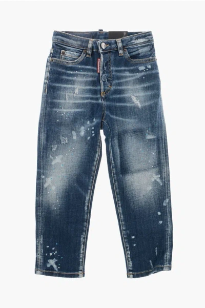 Dsquared2 Denim Stretch Jeans Boston Vintage Effect With Rhinestones In Blue
