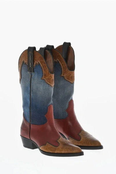 Dsquared2 Denim Vintage Texan Boots With Leather Details
