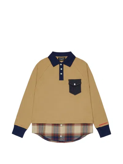 Dsquared2 Kids' Denim-pocket Tartan-insert Polo Shirt In Neutral