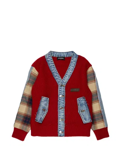 Dsquared2 Kids' Knitted Cardigan With Denim Details In Red